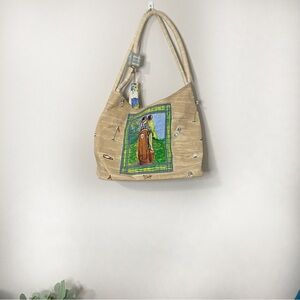 [Vintage] Beige Beach Tote Bag with Artistic Golf Design